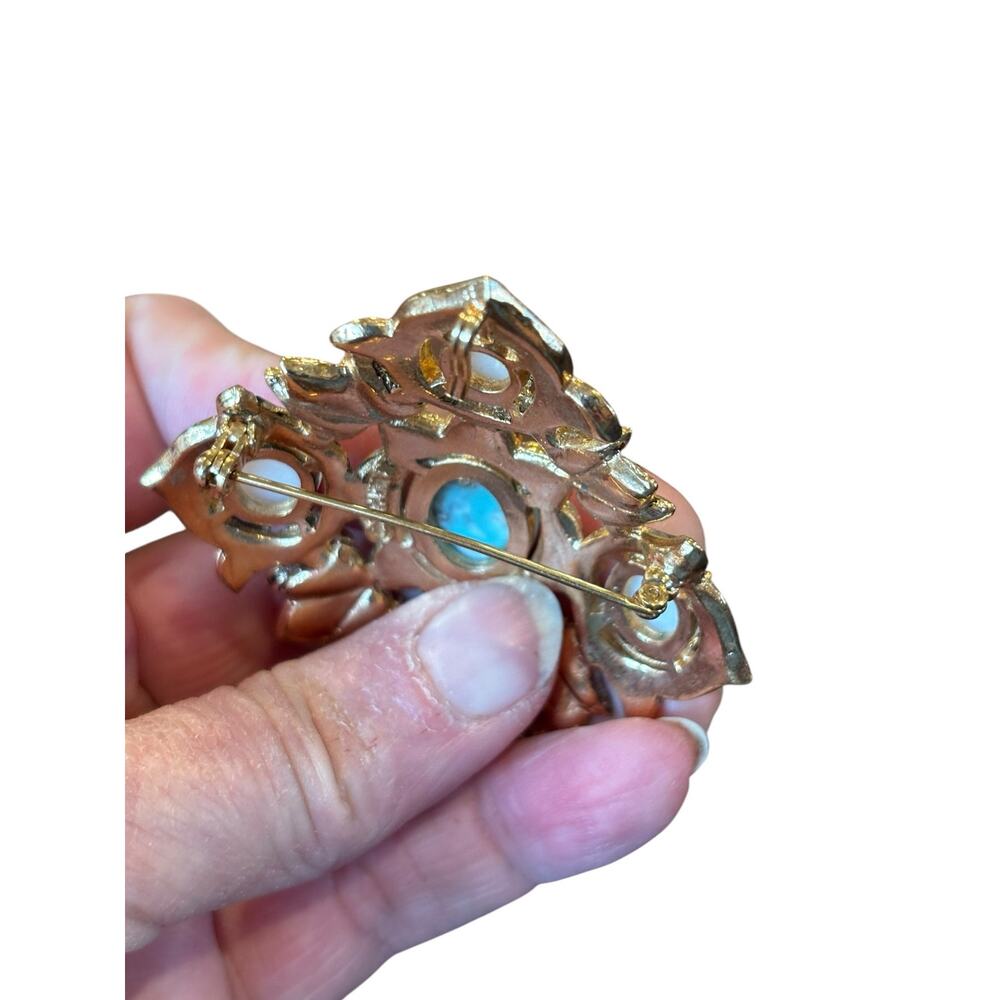 Turquoise Pearl Maltese Cross Brooch Pendant Sarah Coventry Gold Tone Pin - Picture 5 of 11